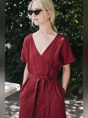 Linenfox Mimosa Linen Wrap Dress in Burgundy XS